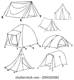 Camping tent set. Hiking, travel, camping. Camping equipment for camping. Drawn by contour on a white background in doodle style. Vector.