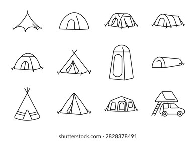 Camping tent set icon. Canopy shelter, dome, tunnel, family campsite, backpacking lodge, teepee, privacy cabin, bivy, pyramid shelter, roof vehicle, outdoor adventure, wilderness travel