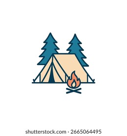 A camping tent is set up next to a warm campfire with a background of pine trees. A flat graphic for outdoor and adventure concepts.