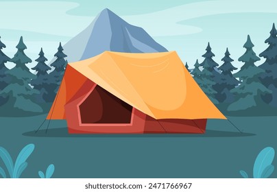 Camping tent. Shelter in a hike in nature. A lightweight portable tent for relaxation. Folding covered shelter from the weather. Vector illustration