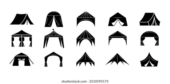 camping tent silhouette, Family silhouettes. children set up a tent in the forest. Vector illustration, Silhouette camping tent set, Tourist tent, glamping dome,