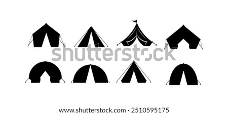 camping tent silhouette, Family silhouettes. children set up a tent in the forest. Vector illustration, Silhouette camping tent set, Tourist tent, glamping dome,