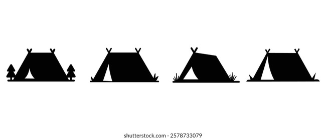 Camping tent silhouette. Set of camping tent silhouettes on a white background.