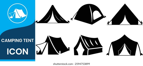 Camping tent silhouette set. Tourist tent with a canopy, reinforced with a rope with a peg,the shape of a nylon hemisphere dome, monochrome, a symbol of open travel and relaxation. vector illustration