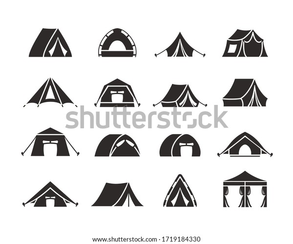 Camping tent silhouette set. Tourist tent with\
a canopy, reinforced with a rope with a peg, the shape of a nylon\
hemisphere dome, monochrome, a symbol of open travel and\
relaxation. Vector\
graphics.