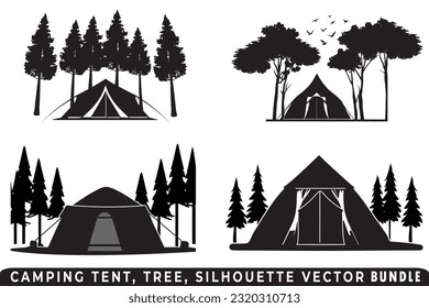 Conjunto vectorial de silueta de carpa de camping, paquete vectorial de carpas y árboles, silueta de camping, paquete vectorial de aventura al aire libre, icono de carpa de camping, vector de silueta forestal, escena de acampada nocturna.