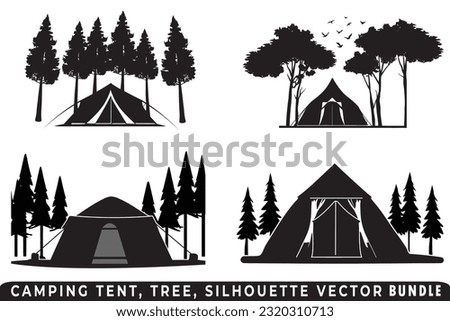 Camping tent silhouette vector bundle, Tent and tree vector bundle, Campsite silhouette, Outdoor adventure vector bundle, Camping tent icon, Forest silhouette vector, Night camping scene.