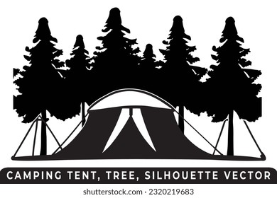 Camping tent silhouette vector, Tent and tree vector, Campsite silhouette, Outdoor adventure vector, Camping tent icon, Forest silhouette vector, Night camping scene, Night camping silhouette.