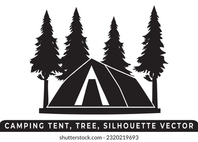 Camping tent silhouette vector, Tent and tree vector, Campsite silhouette, Outdoor adventure vector, Camping tent icon, Forest silhouette vector, Night camping scene, Night camping silhouette.