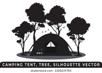 Vector de silueta de carpa de camping, vectores de carpas y árboles, silueta de camping, vector de aventura al aire libre, icono de carpa de camping, vector de silueta forestal, escena de acampada nocturna, silueta de acampada nocturna.