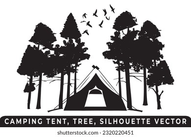 Vector de silueta de carpa de camping, vectores de carpas y árboles, silueta de camping, vector de aventura al aire libre, icono de carpa de camping, vector de silueta forestal, escena de acampada nocturna, silueta de acampada nocturna.