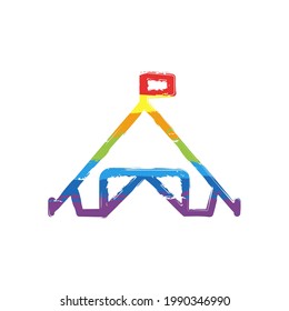 Camping tent, simple icon of tourism. Drawing sign with LGBT style, seven colors of rainbow (red, orange, yellow, green, blue, indigo, violet