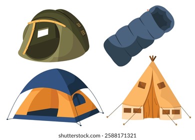 camping tent and sleeping bag, Hiking and camping illustration collection