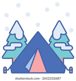 Camping Tent with Snowy Trees and Falling Snow Icon Illustration