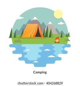Camping Tent. Summer landscape.  Flat travel round icons. Vector illustration. Hiking and outdoor recreation concept