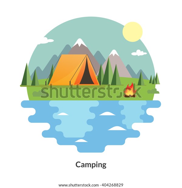 Camping Tent. Summer landscape.  Flat travel\
round icons. Vector illustration. Hiking and outdoor recreation\
concept