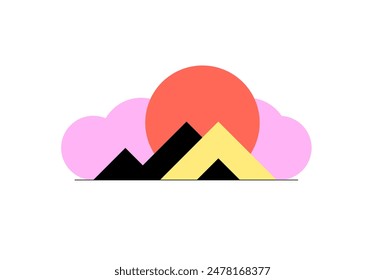 Tienda de campaña y puesta de sol. Ilustración geométrica plana. archivo de Vector.