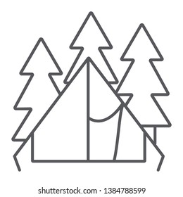 Camping tent thin line icon, travel and tourism, shelter sign, vector graphics, a linear pattern on a white background, eps 10.