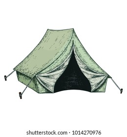 Camping tent for tourism, cartoon sketch illustration of travel equipment. Vector