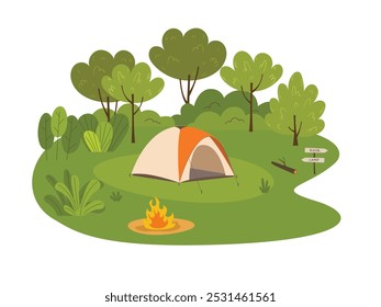 Tienda de campaña. Camping turístico, aventura al aire libre, camping en el bosque, vacaciones