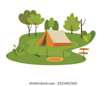 Camping tent. Tourist campsite, outdoor adventure, campground in forest, vacation