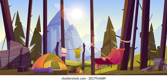 Camping tent with tourist stuff, logs and hammock