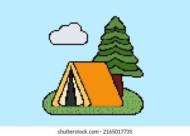 Camping tent and tree leaf pixel style illustration vector, 8-bit concept, colorful camping idea, pixel art, isolated on blue background, flat vector design, animation and video game asset
