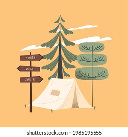 camping tent and trees forest scene