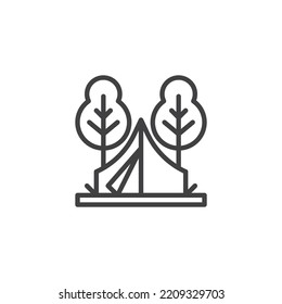 Camping tent and trees line icon. linear style sign for mobile concept and web design. Forest campsite outline vector icon. Symbol, logo illustration. Vector graphics