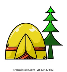 Camping tent with trees next to it and bright colors