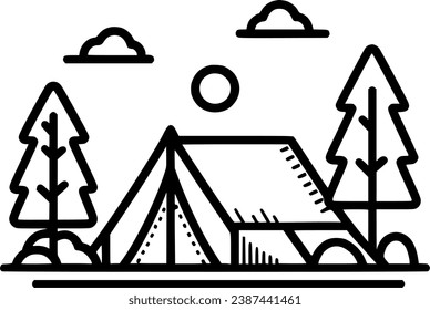 Camping tent and trees outline icon, line vector sign, linear, symbol, vector, art