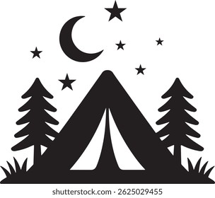 Camping Tent With Trees Under Crescent Moon And Stars Vector Illustration