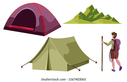 camping tent with trekker or hiker, mountain isolated vector illustration