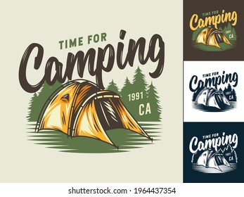 Camping tent for  t-shirt print design. Forest travel outdoor adventure emblem. Set of camp