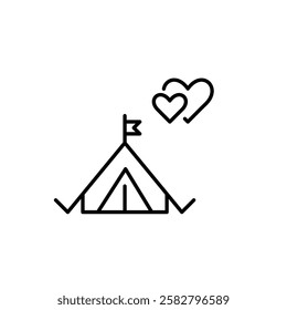 Camping tent and two hearts intertwined. Romantic hiking holiday getaway. Pixel perfect vector icon