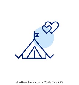 Camping tent and two hearts intertwined. Romantic hiking holiday getaway. Pixel perfect, editable stroke icon