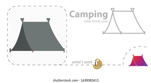 camping tent vector flat illustration, solid, line icon
