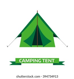 Camping tent vector icon. Triangle flat design tent. Tourist hiking equipment isolated on white background. Green color cartoon tent pictogram.