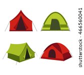 Camping tent vector icons isolated on white background. Set of tourist camp tents   in red and green  colors. 
