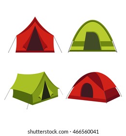 Camping tent vector icons isolated on white background. Set of tourist camp tents   in red and green  colors. 