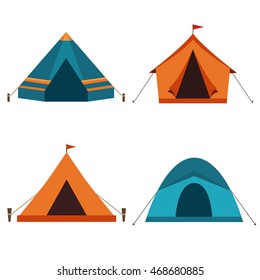 Camping Tent Vector Icons Isolated On White Background. Set Of Tourist Camp Tents  In Orange And Blue Colors. 