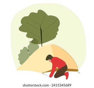 Camping Tent vector illustration. Tent in yellow, orange. Hiking, hunting, fishing canvas. Tourist Tent design over white background. Man at the camp vacation. Wildlife. Summer season. Holiday explore