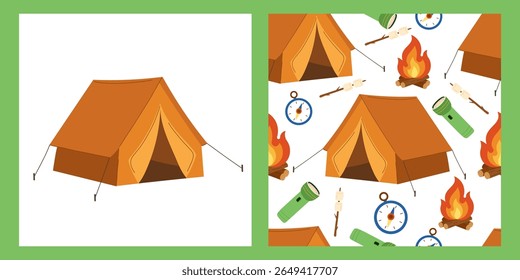 Camping tent vector set and seamless pattern with flashlight, compass, campfire, and marshmallows. This bundle includes detailed illustration of an orange camping tent and matching repeatable pattern.