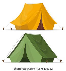 Camping Tent. Camping tent in yellow and green. Tent design over white. Tourist tent.