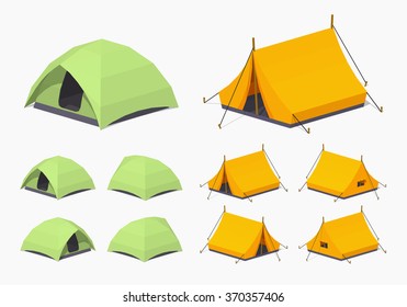 Camping tents. 3D lowpoly isometric vector illustration. The set of objects isolated against the white background and shown from different sides