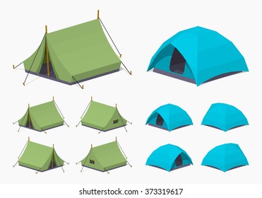 Camping tents. 3D lowpoly isometric vector illustration. The set of objects isolated against the white background and shown from different sides