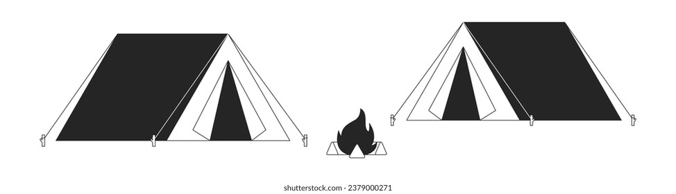 Camping tents with bonfire black and white cartoon flat illustration. Campsite recreation 2D lineart object isolated. Hiking camp. Campground leisure. Zelten camp monochrome scene vector outline image