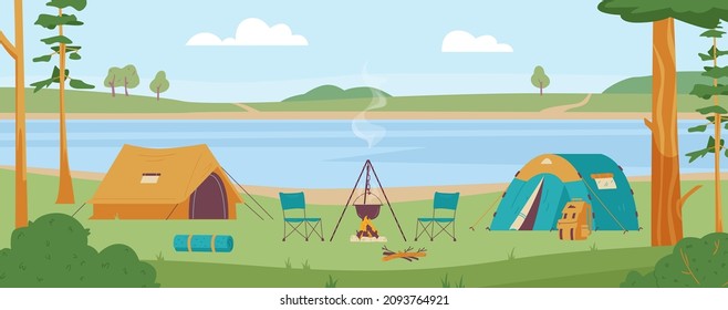 Camping with tents by the river side or lake in the forest, flat vector illustration. Summer landscape with picnic, barbeque on bonfire and wild tourism equipment.