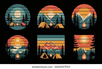 Camping tents and campfire in a retro mountain landscape design