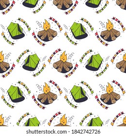 Camping tents and campfire. Seamless pattern on a white background. Cute vector illustration.